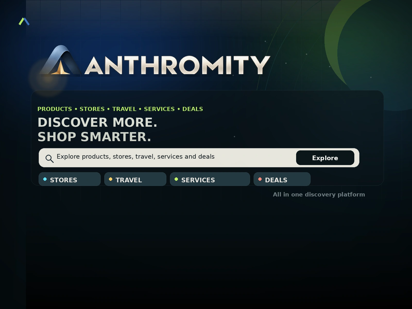 Anthromity logo and discovery platform for curated products, stores, travel, services and deals