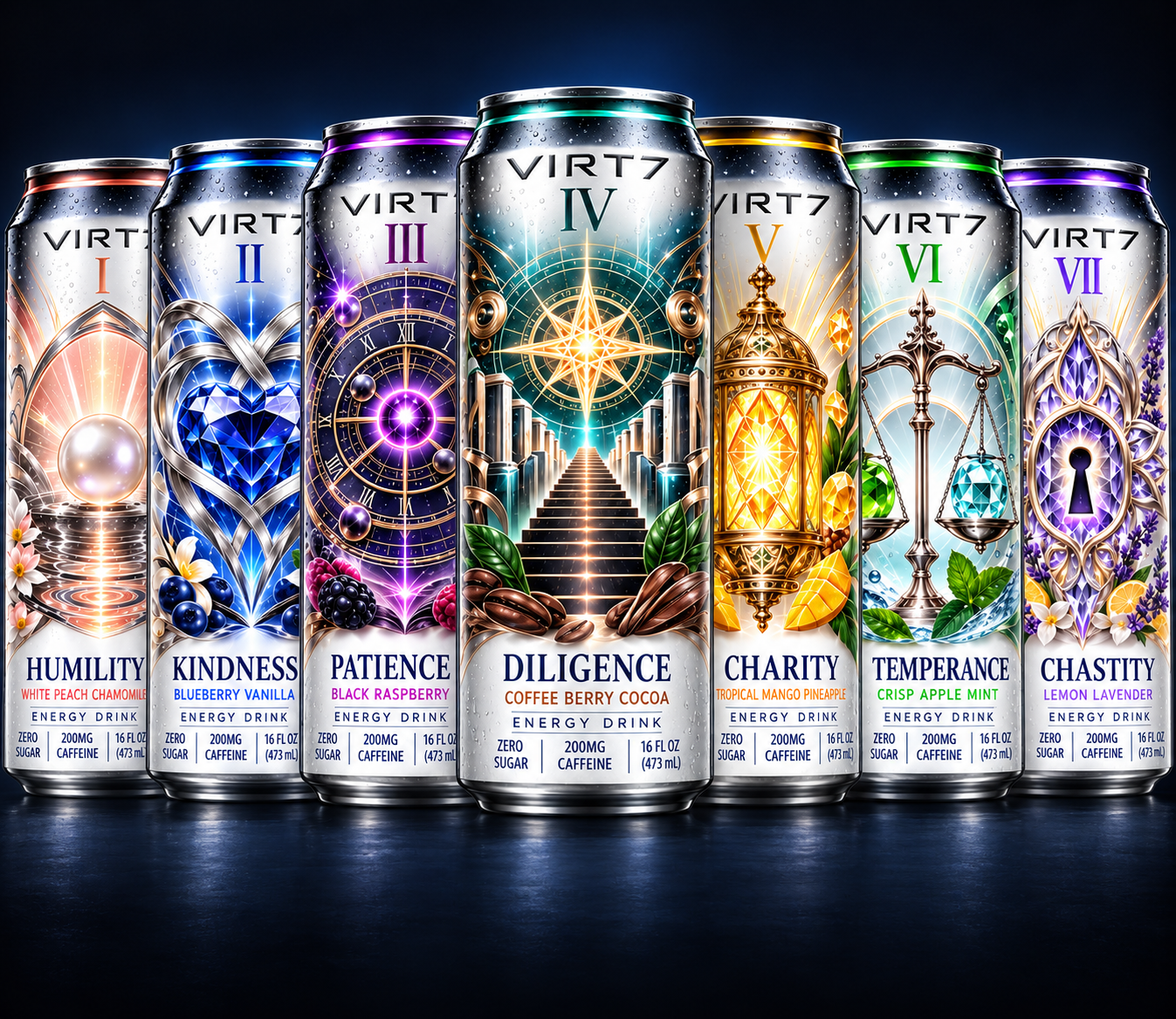 The seven new VIRT7 energy drink can designs